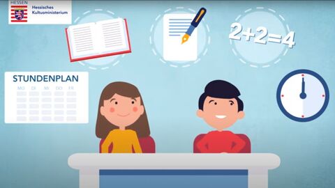 Die Grafik zeigt einen Jungen und ein Mädchen in einer Schulbank sitzend; um sie herum sieht man Schulsymbole wie eine Uhr oder ein Stundenplan