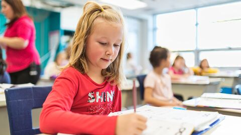 Ein Mädchen schreibt im Unterricht 
